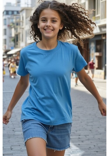 Turkuaz Çocuk T-shirt Kız Erkek Unisex %100 Pamuk Turkuaz