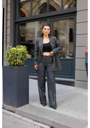 6 Düğmeli Kruvaze Ekose Takım Siyah Siyah