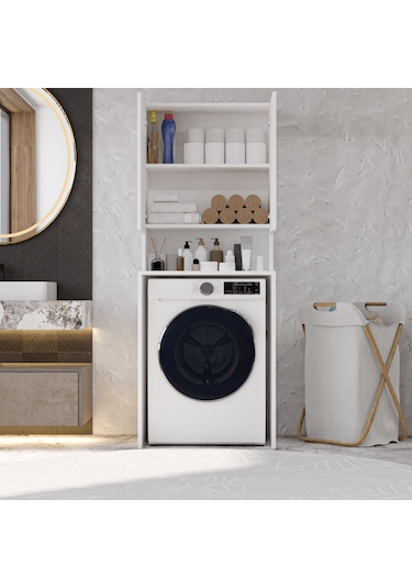 Mobilya Çamaşır Makinesi Dolabı 3 Raflı Kapaklı Banyo Dolabı Beya Beyaz