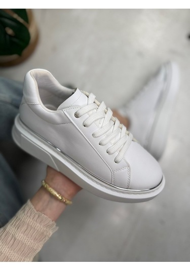 Günlük Kadın Spor Ayakkabı Bağcıklı Hafif Kalın Yüksek Taban Yürüyüş Sneaker 2135 Beyaz