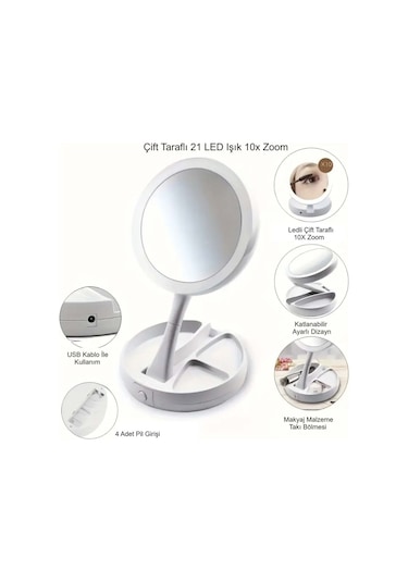 10x Büyütme Çift Taraflı Makyaj Ayna Katlanabilir 21 Led Işıklı Makyaj Aynası Usb Kablo Beyaz