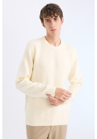 DeFacto Standart Fit Bisiklet Yaka Triko Kazak E1007AX24WNER100 Ekru