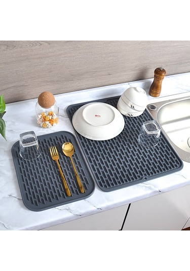 Lichen 2'li Set, Dikdörtgen Silikon Bulaşık, Drenaj Matı, Mutfak Gri