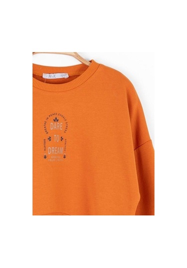 Kız Çocuk Pamuklu İki İplik Crop Sweatshirt-14706 Turuncu