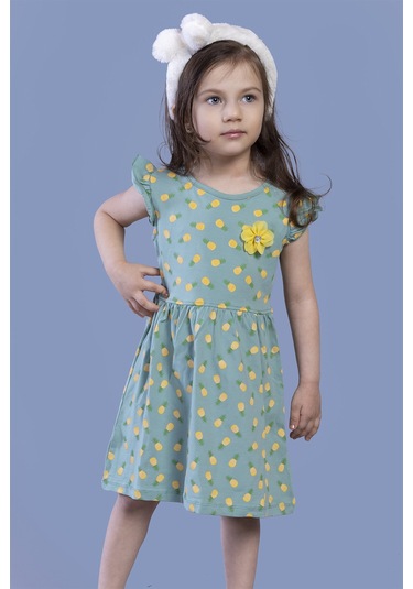 Toontoy Kız Çocuk Komple Ananas Baskılı Çiçek Aksesuarlı Elbise Yeşil