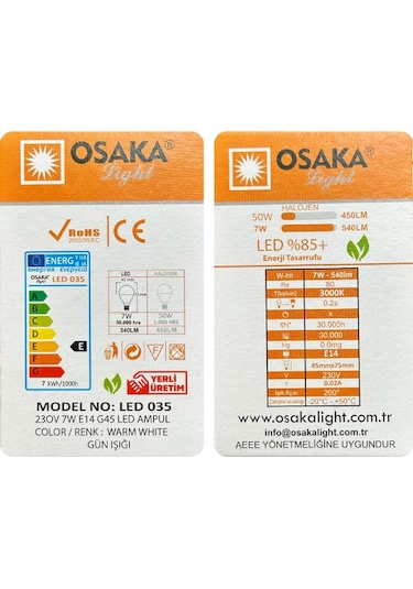6 Adet Osaka 7w 50w Sarı Işık E14 Duylu İnce Duy Led Mini Ampul