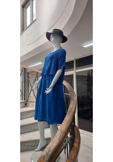İtalyan Müslin Keteni Üstü File Bluzlu Astarlı Tek Parça Elbise Saks Mavisi