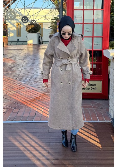 Uzun Apolet Detaylı Kaşe Kaban Kahve Kahve