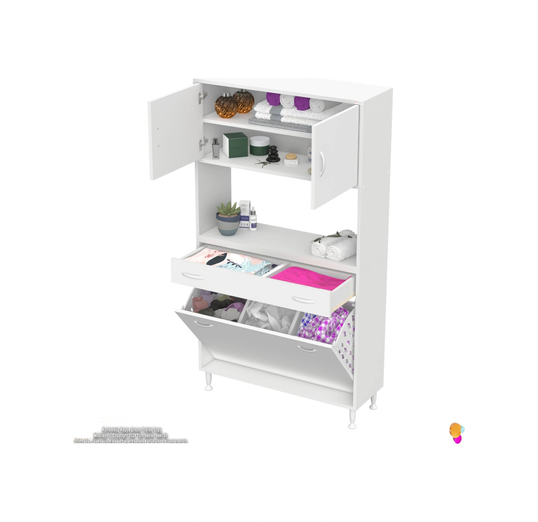 Azra Tek Çekmece 3 Göz Sepetli Ve 3 Raf Banyo Ve Mutfak Dolabı Çok Amaçlı Dolap 95x173x32,5 Cm Beyaz