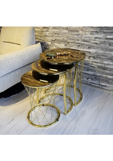 3 'Lü HASIR ZİGON SEHPA CAM: BRONZ AYNA AYAK: GOLD