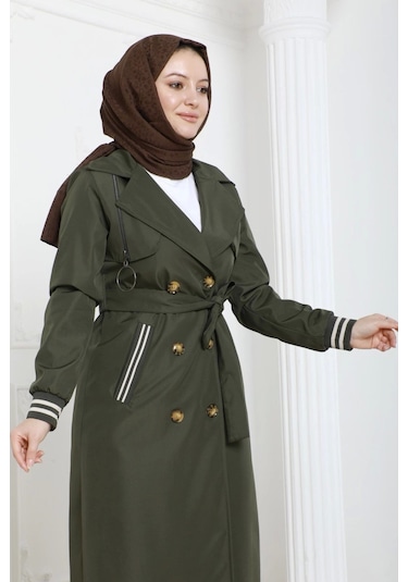Bondit Kumaş Ribanalı Uzun Boy Trençkot / Haki - M0110 Haki