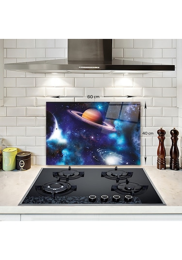 Decorita Cam Ocak Arkası Koruyucu Galaksi Desen - Renkli  40 CM x 60 CM