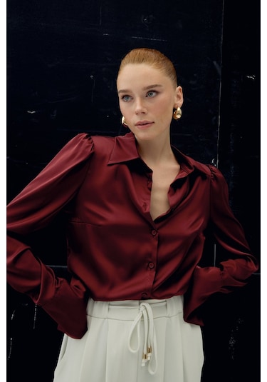 Sateen Vatkalı Saten Gömlek - Bordo-136728 Bordo