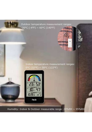 Supermarket1 Fanju Fj3356 Siyah Dijital İç/dış Sıcaklık-nem Ölçer, Duvar Montajlı Hava Durumu Saati, Alarm Ve Trend Göstergeli