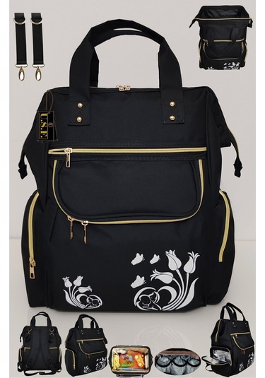 Bebek Bakım Çantası Organizatör Fonksiyonel Lüx Anne Bebek Bakım Sırt Çantası Lal Siyah