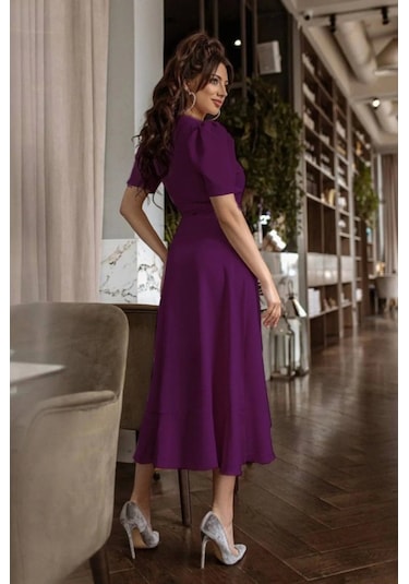 Defymoda Kadın Kruvaze Yaka Midi Boy Kuşaklı Krep Elbise 120 Cm Mürdüm