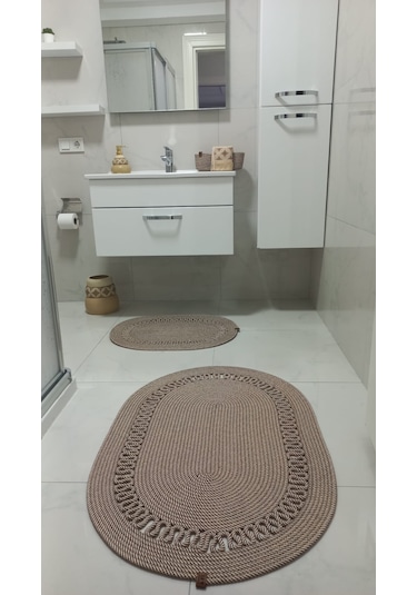 Üçlü Banyo Seti 2 Paspas- 1 Organizer Sepet Jüt İp Ekru - Hardal