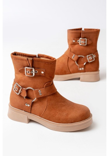 02-2013 Taba Süet Toka Aksesuarlı Fermuarlı Günlük Kadın Bot Taba