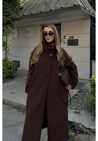 Kahverengi Vittoria Düğmeli Yaka Kaban - 2511 Kahverengi