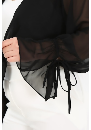 Büyük Beden Kol Detaylı Önü Çift Kat Bağlamalı Şifon Siyah Bolero Siyah