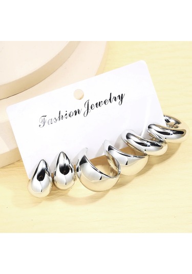 6 Adet Tıknaz Altın Kaplama Su Damlası Hoop Küpe Seti Kadınlar Için Avrupa Ve Aya5809801 1.50 CM-Gümüş