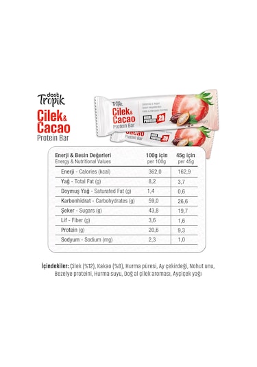 Çilek Ve Kakao Aromalı Protein Bar 45 G Protein İçeren Atıştırmalık Ve Sporcu Barı 12 Adet