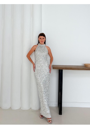 Halter Yaka Payetli Gümüş Abiye Elbise Gümüş
