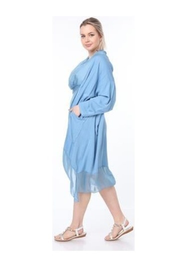 Italyan Ipek Detaylı Oversize Kaftan & Bluz-8711 İndigo Mavi İndigo