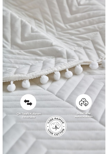 Evlen Home Ponponlu %100 Pamuk Tek Kişilik Günlük Yatak Örtüsü Pike Takımı Seti Krem / Kırık Beyaz