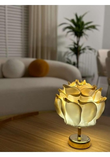 Dekor Yapay Eva Çiçeği Kablosuz Masa Lambası Üst Gold-alt Parlak Gold 9v Pil 75-90 Saat