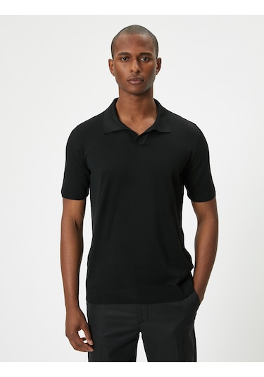 Koton Polo Yaka İnce Triko Tişört Slim Fit Kısa Kollu Kırçıllı Siyah 4sam70008ht Siyah