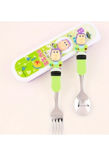 Fastbuy 3 Adet Buzz Lightyear Paslanmaz Çelik Çatal Seti, Yabancı Uzay Temalı Kamp Piknik İçin Dayanıklı Hediye Ahşap Çatalla Ahşap