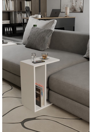 Alpa Ev Mobilya C Tasarım Koltuk Yanı Sehpa, Kitaplıklı Modern Laptop & Kahve Sehpası, Orta Sehpa Beyaz