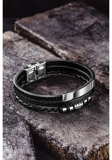 Erkek Deri Bileklik - İsim Yazılan Paslanmaz Çelik Deri Kordonlu Erkek Bileklik Siyah