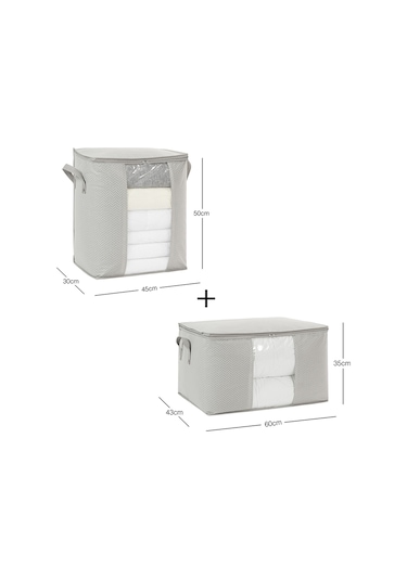 Ocean Home Textile 2'li Pvc Pencereli Gri Balıksırtı Hurç Set 1 Adet 45 x 30 x 50 / 1 Adet 60 x 43 x 35 cm