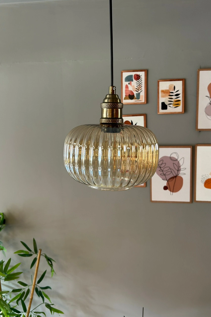 Mola Cam Bal Rengi Tekli Avize Lale Başlık Retro Sarkıt Lamba Restoran Salon Aydınlatma Bal