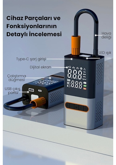 Hava Kompresörü 4000 Mah 4ın1 Şarjlı+araç Taşınabilir Araç Lastik Top Şişirme Pompası Oto Siyah