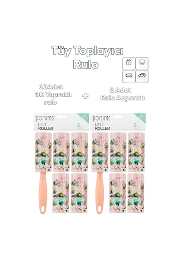 Porsima 3106 Kedi Köpek Tüy Toplayıcı Rulo + 10 Adet Rulo + 2 Adet Tutma Aparatı Toplam 300 Yaprak Somon