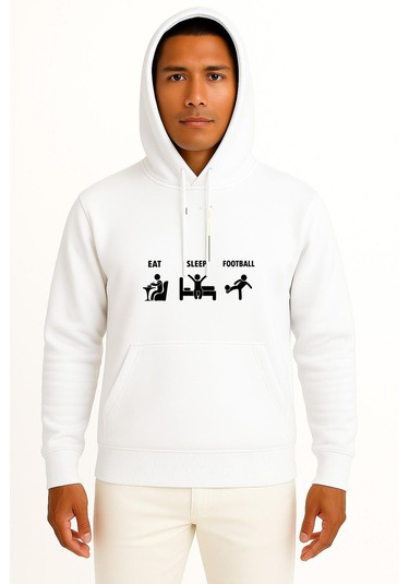 Kapüşonlu Ye - Uyu Ve Futbol Oyna Göğüs Baskılı Unisex Sweatshirt Beyaz