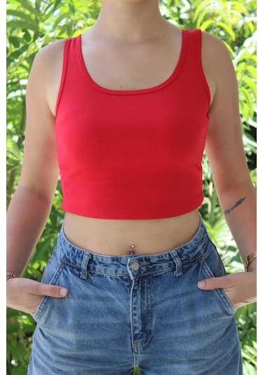 Afri Kadın Kırmızı Basic Ribana Atlet Crop Likralı Spor Üst Kırmızı