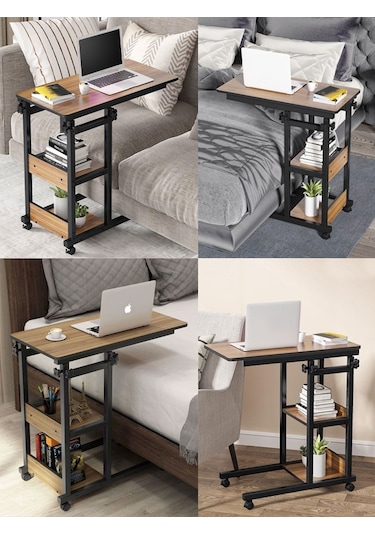 Yükseklik Ayarlı Raflı Çalışma Masası - Ceviz Tekerli Atlantik Çam