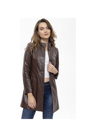 Care Kahve Düğmeli Dar Fit Kesim Astarlı Kısa Hakiki Kadın Deri Kaban-kahve Kahverengi