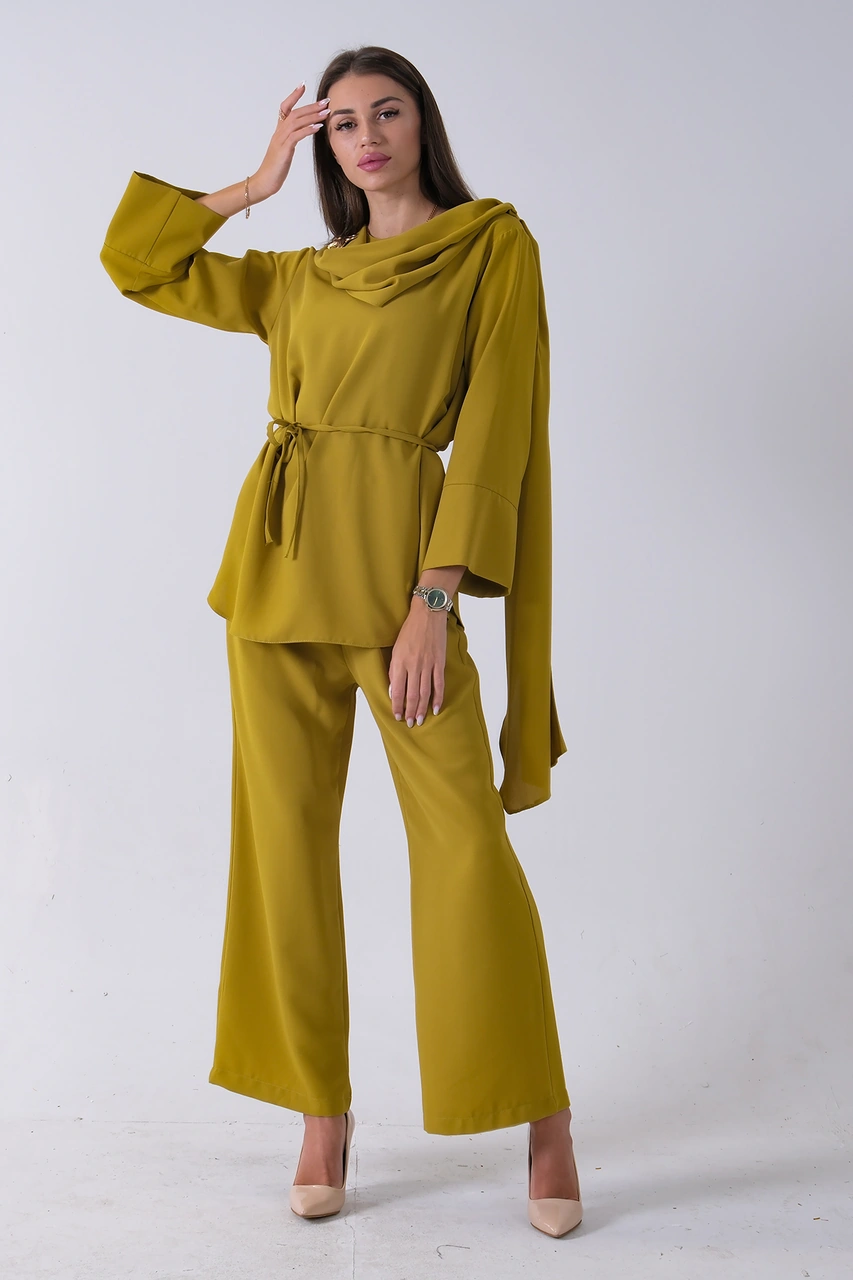 Feminist Fıstık Şal Yaka Üzeri Broş Detaylı Pantolonlu Takım 4592270.22 Fıstık