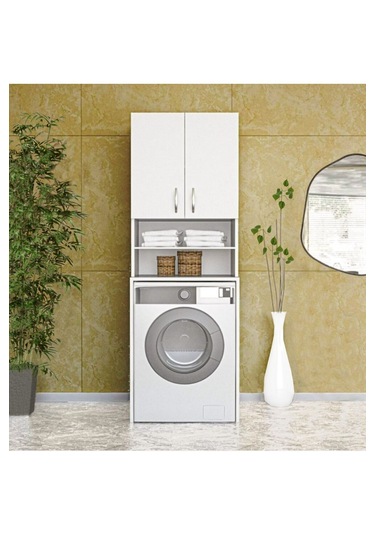 Papatya Çamaşır Makinesi Dolabı, Banyo Dolabı, 4 Raflı, Kapaklı,