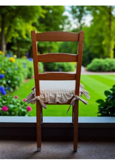 Sarı Çizgili Buldan Yıkanmıs Keten 4 Tarafı Fırfırlı Sandalye Minderi Renkli