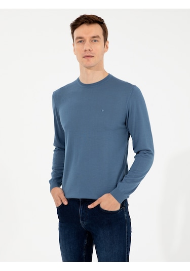 Cacharel Mavi Slim Fit Bisiklet Yaka Basic Triko Kazak