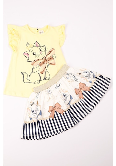 Kız Çocuk Takım Etekli Kedi Baskılı Kol Detaylı A66 Pudra