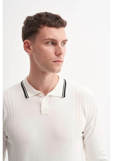 Cazador Çizgi Desenli Polo Yaka Ekru Erkek Kazak 33035 Ekru