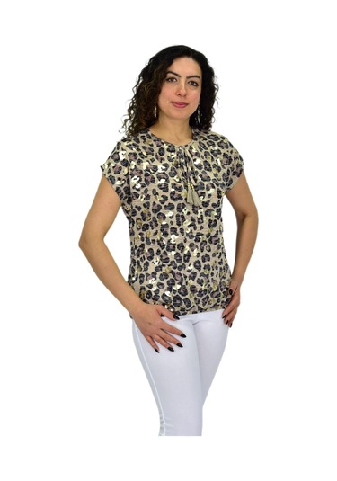 Kadın Kısa Kol Baskılı Bluz Bgl-st04705 Bej