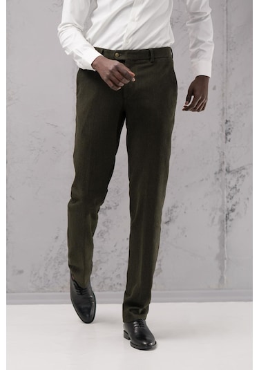 Ecer Regular Fit Düz Kalın Kışlık Gabardin Yan Cepli Pantolon Yeşil